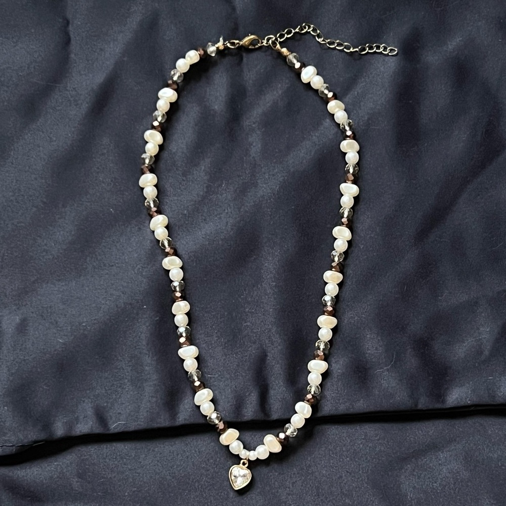 Urban Outfitters Cream Silver Cher Pearl And Gem Heart Necklace